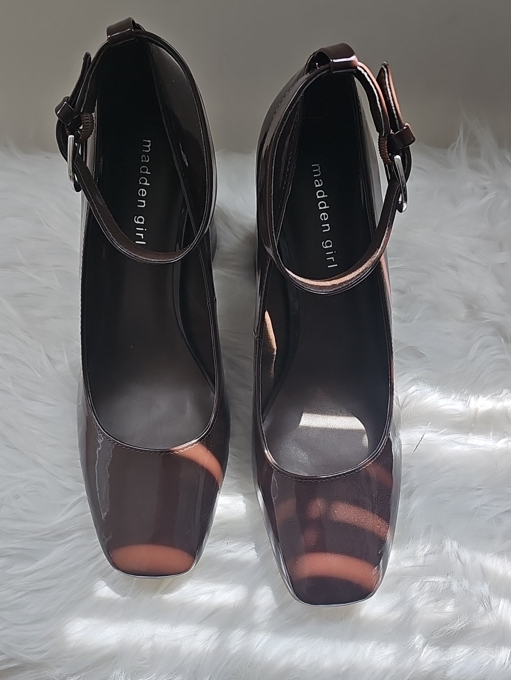 Madden Girl Patent Brown Square-Toe Ankle Strap Pumps